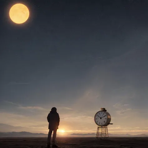 A huge cracked clock hangs in the air, Person standing on a cold and deserted planet, looking at 2 distant suns in the background.