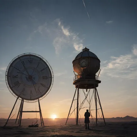 A huge cracked clock hangs in the air, Person standing on a cold and deserted planet, looking at 2 distant suns in the background.