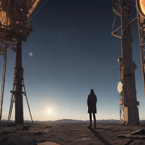 A huge cracked clock hangs in the air, Person standing on a cold and deserted planet, looking at 2 distant suns in the background.