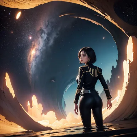 (masterpiece:1.3), (best quality:1.2), 8k, unity 8k wallpaper, (extremely detailed:1.3), highestres, highres, Amazing, illustration, beautiful studio soft light, 1girl, solo, skinny beautiful girl, (Starfleet in the depths of the galaxy:1.3), light particles, reflection, slender ass, pixie haircut, from behind, rear view, perfect eyes, perfect face,