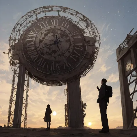 A huge cracked clock hangs in the air, Person standing on a cold and deserted planet, looking at 2 distant suns in the background.