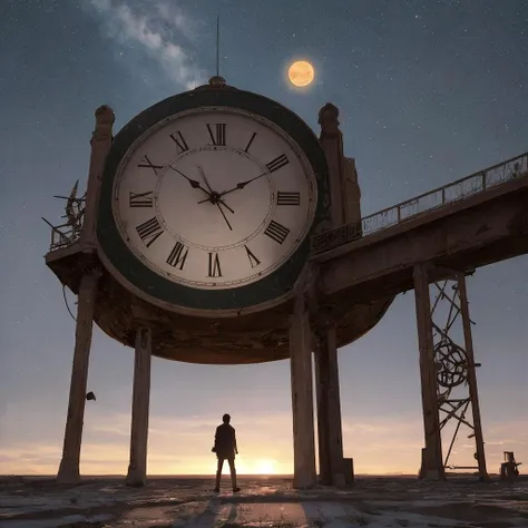 A huge cracked clock hangs in the air, Person standing on a cold and deserted planet, looking at 2 distant suns in the background.