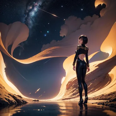 (masterpiece:1.3), (best quality:1.2), 8k, unity 8k wallpaper, (extremely detailed:1.3), highestres, highres, Amazing, illustration, beautiful studio soft light, 1girl, solo, skinny beautiful girl, (Starfleet in the depths of the galaxy:1.3), light particles, reflection, slender ass, pixie haircut, from behind, rear view, perfect eyes, perfect face,