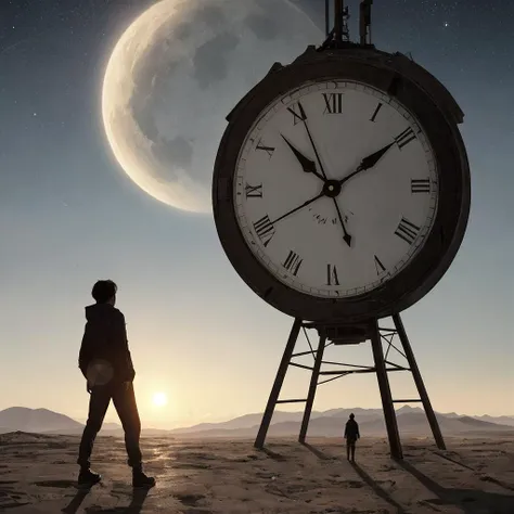 A huge cracked clock hangs in the air, Person standing on a cold and deserted planet, looking at 2 distant suns in the background.