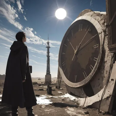 A huge cracked clock hangs in the air, Person standing on a cold and deserted planet, looking at 2 distant suns in the background.