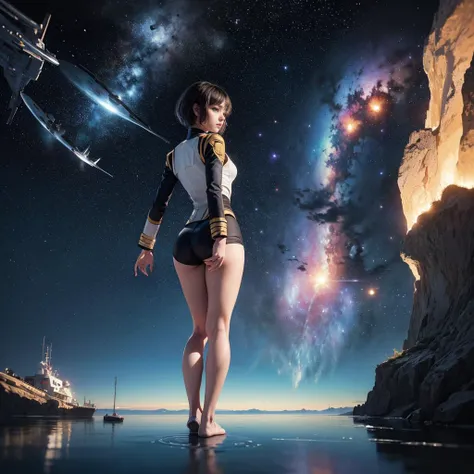 (masterpiece:1.3), (best quality:1.2), 8k, unity 8k wallpaper, (extremely detailed:1.3), highestres, highres, Amazing, illustration, beautiful studio soft light, 1girl, solo, skinny beautiful girl, (Starfleet in the depths of the galaxy:1.3), light particles, reflection, slender ass, pixie haircut, from behind, rear view, perfect eyes, perfect face,