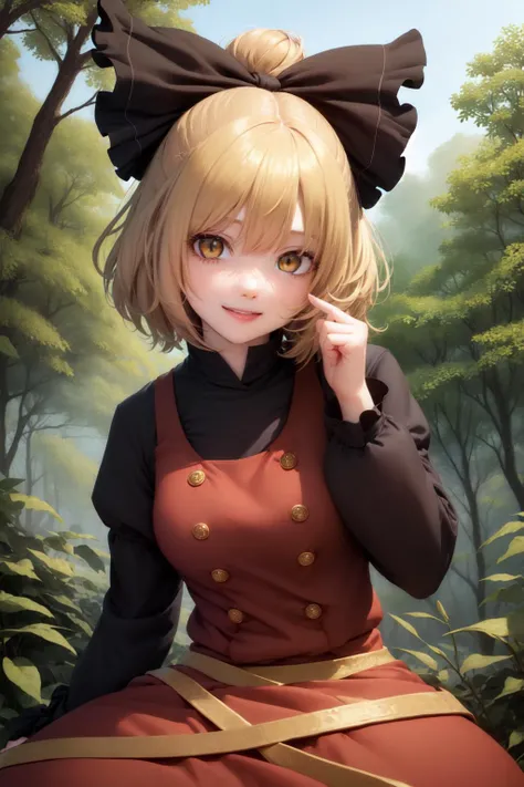 (masterpiece, best quality:1.2), <lyco:touhou_kurodani-10:1.0>, solo, 1girl, kurodani yamame, smile, looking at viewer, hair bow, yellow eyes, brown dress, long sleeves, silk, spider web