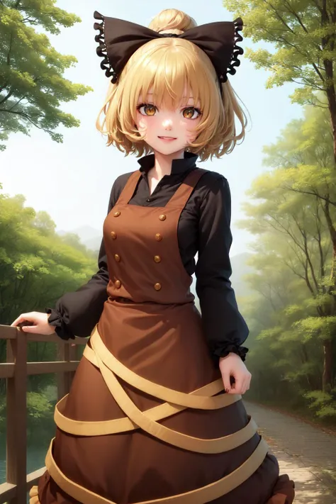 (masterpiece, best quality:1.2), <lyco:touhou_kurodani-10:1.0>, solo, 1girl, kurodani yamame, smile, looking at viewer, hair bow, yellow eyes, brown dress, long sleeves, silk, spider web