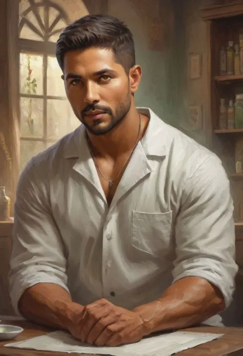 digital painting. action shot. epic fantasy, magic. a handsome muscular compassionate (medium-dark-tan-skinned:1.3) 35-year-old mexican (healer:1.6) in an infirmary. short hair. (short beard:1.5). (olive eyes:1.4). jewelry. smooth lines, perfect composition