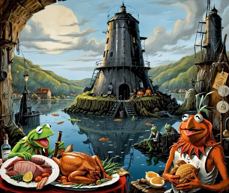 Thanksgiving dinner, under water swimming with fishes,Background is stunning 17th century european village scenery, detailed and intricate environment, oil painting, palette knife soft brushstrokes, heavy strokes, dripping paint, art station on trend, sharp focus, intricate details, highly detailed,in a cold war bunker, missile silo,on the set of The Muppets, Kermit the Frog in the background, <lora:Gerald_Brom_XL_-_Dark_Fantasy_Art:0.5> Gerald Brom, Dark Fantasy ,<lora:tag is mgcilu:0.8> mgcilu