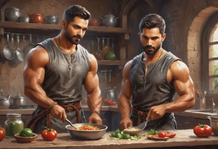 digital painting. action shot. epic fantasy, medieval. a handsome muscular romantic (medium-dark-tan-skinned:1.3) 35-year-old mexican (gay couple:1.6) wearing tunics, cooking dinner in the kitchen. short hair. (short beard:1.5). jewelry. smooth lines, perfect composition