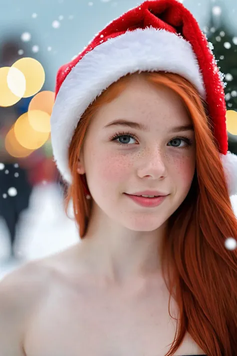 photograph of a cute 18 yo girl, santa claus hat, redhair, pale skin, freckles, blush, (topless:1.1), innocent, city christmas festival, snowfall, Porta 160 color, shot on ARRI ALEXA 65, bokeh, sharp focus on subject, shot by Don McCullin, nsfw