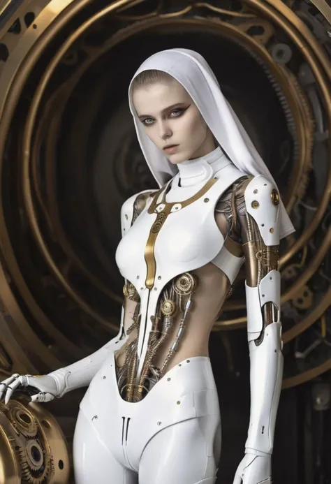 (girl), (skinny), (slender), (alien), (thin), (robot), (android), (cybernetic), (dune), (smooth), (cyborg), (mechanical), (tubes), (gears), (claws), (tentacles), (giger), (nun), (cross), (devine), (veil), (gold teeth), (rings), (golden teeth), (white eyes), <golden teeth:lora:1.6>