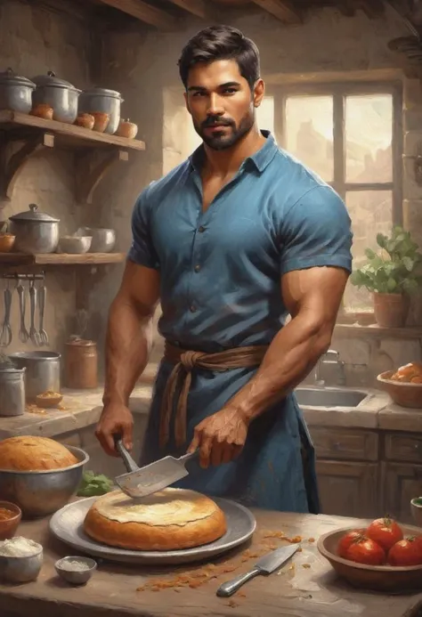 digital painting. action shot. epic fantasy, medieval. a handsome muscular compassionate (medium-dark-tan-skinned:1.3) 35-year-old mexican (baker:1.6) in the kitchen. short hair. (short beard:1.5). blue tunic. jewelry. smooth lines, perfect composition