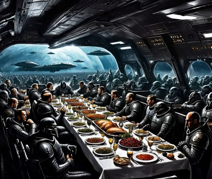 Thanksgiving dinner, looking away from the viewer,inside a dark spaceship, fighting xenomorphs,in wh40k, Warhammer 40,000, imperial guard, astra militarum, space marines, epic battle, across the galaxy there is only war, <lora:TomFischbeck:0.5> TomFischbeck ,<lora:RG2:0.5>