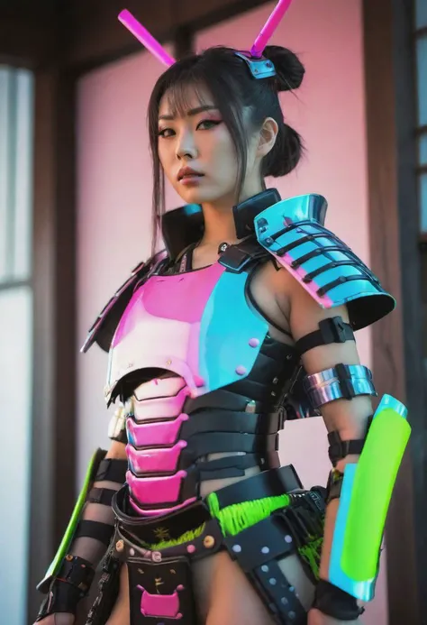 Beautiful Japanese woman wearing neon coloured samurai armour with a cyberpunk aesthetic