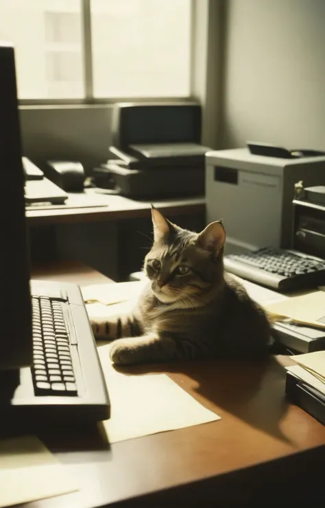 analog film photo. office theme, urban photography, medium shot, a cute cat hard at work on his computer. Hard light, hard shadows, faded film, desaturated, 35mm photo, grainy, vignette, vintage, Kodachrome, Lomography, stained, highly detailed, found footage