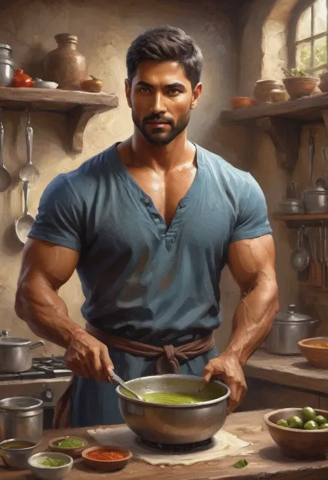 digital painting. action shot. epic fantasy, medieval. a handsome muscular compassionate (medium-dark-tan-skinned:1.3) 35-year-old mexican (healer:1.6) cooking in a kitchen. short hair. (short beard:1.5). (olive-eyes:1.4). blue tunic. jewelry. smooth lines, perfect composition