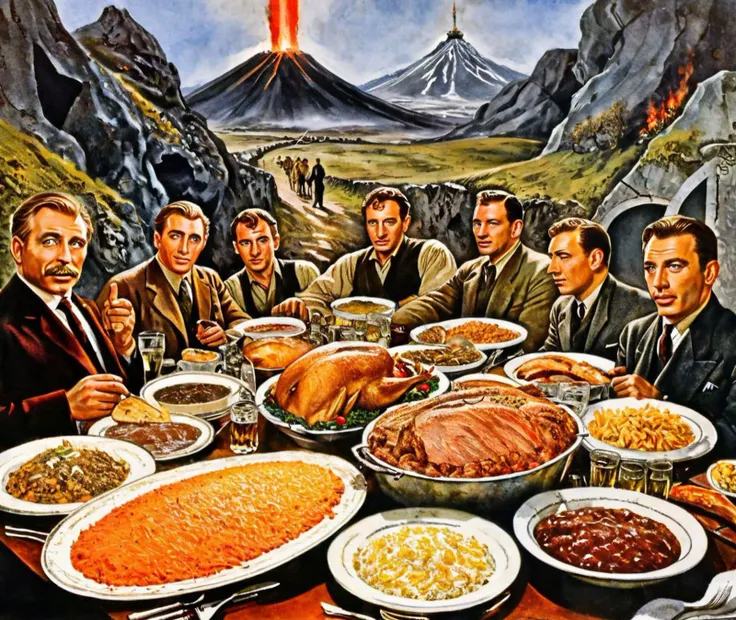 Thanksgiving dinner, on the set of Who Framed Rodger Rabbit,in a cold war bunker, missile silo,Background is stunning 17th century european village scenery, detailed and intricate environment, oil painting, palette knife soft brushstrokes, heavy strokes, dripping paint, art station on trend, sharp focus, intricate details, highly detailed,in middle-earth, Lord of the rings,climbing a rocky mountain, mount doom, volcanos in the background, <lora:makinostyle:0.5> makino ,<lora:Soviet-poster:0.8> soviet poster