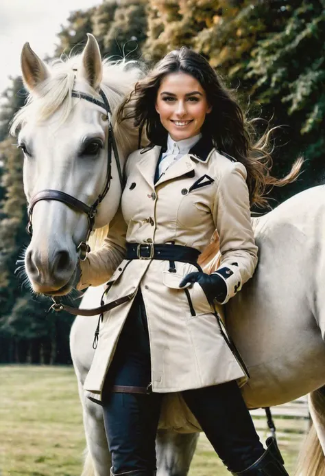 A photo of a smiling, beautiful woman,black hair in a ponytail and face framing tresses, standing next to a white horse, dressed in a riding coat and Jodhpurs, riding boots, smiling at the viewer, holding a riding crop, photo realistic, outside, atmospheric