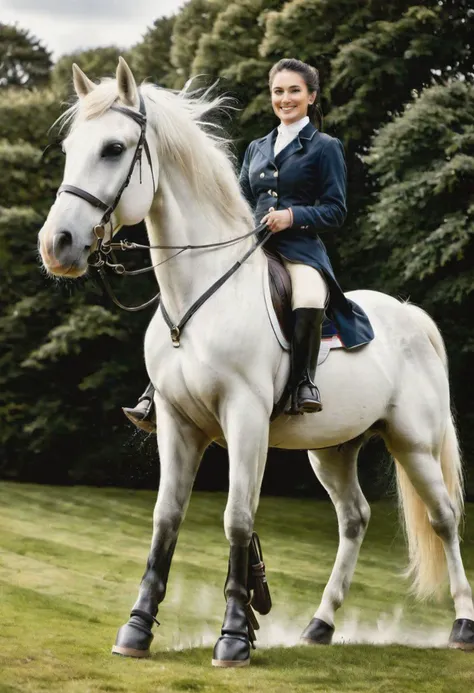 A photo of a smiling, beautiful woman,black hair in a ponytail and face framing tresses, standing next to a white horse, dressed in a riding coat and Jodhpurs, riding boots, smiling at the viewer, holding a riding crop, photo realistic, outside, atmospheric