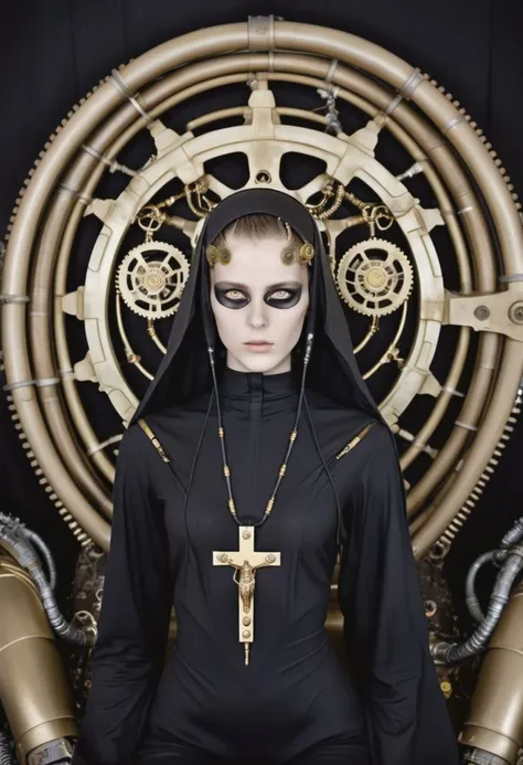 (girl), (skinny), (slender), (alien), (thin), (robot), (android), (cybernetic), (dune), (smooth), (cyborg), (mechanical), (tubes), (gears), (claws), (tentacles), (giger), (nun), (cross), (devine), (veil), (gold teeth), (rings), (golden teeth), (white eyes), <golden teeth:lora:1.6>