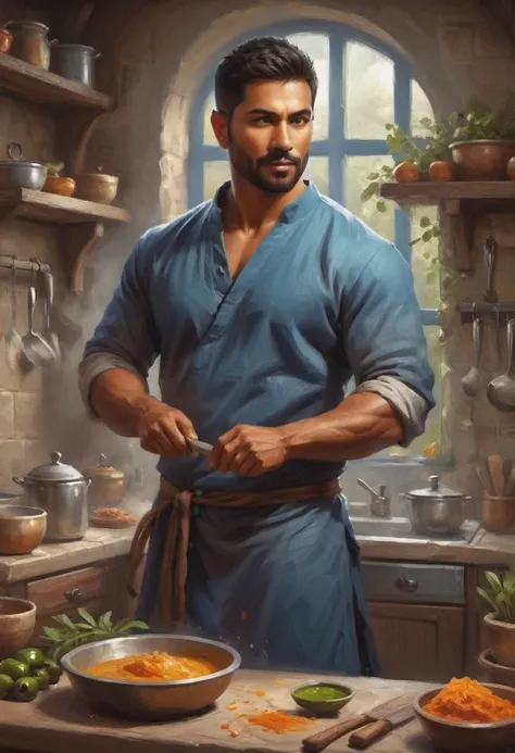 digital painting. action shot. epic fantasy, medieval. a handsome muscular compassionate (medium-dark-tan-skinned:1.3) 35-year-old mexican (healer:1.6) cooking in a kitchen. short hair. (short beard:1.5). (olive-eyes:1.4). blue tunic. jewelry. smooth lines, perfect composition