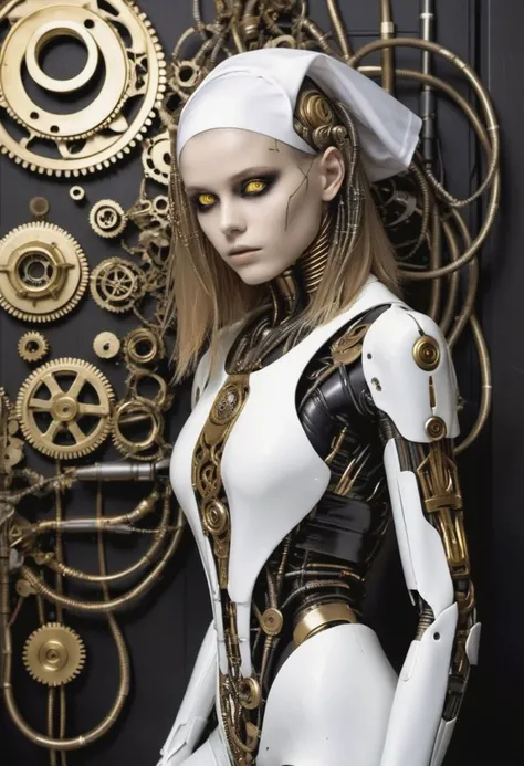 (girl), (skinny), (slender), (alien), (thin), (robot), (android), (cybernetic), (dune), (smooth), (cyborg), (mechanical), (tubes), (gears), (claws), (tentacles), (giger), (nun), (cross), (devine), (veil), (gold teeth), (rings), (golden teeth), (white eyes), <golden teeth:lora:1.6>