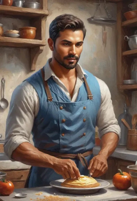 digital painting. action shot. epic fantasy, medieval. a handsome muscular compassionate (medium-dark-tan-skinned:1.3) 35-year-old mexican (baker:1.6) in the kitchen. short hair. (short beard:1.5). blue tunic. jewelry. smooth lines, perfect composition