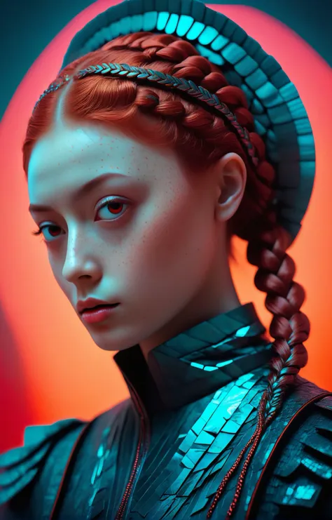 1950s retrofuturism, dark and moody close-up shot photo of a beautiful portuguese woman, freckles, red eyes, copper fishtail braid, abstract geometric gradients, glowing fractals, opalescent, dichroic, holographic vogue photoshoot, surreal cyberpunk cityscape engulfed in neon hues, two tone silhouette, detailed <lora:Bas_Waijers_-_Artstyle_Style_SDXL:1>, crimson sky, detailed face, stunning beauty, detailed skin, skin texture, skin pores, (freckles:1.05)