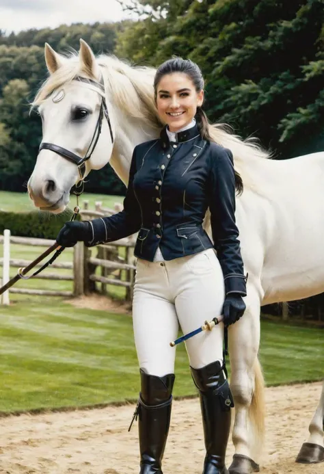 A photo of a smiling, beautiful woman,black hair in a ponytail and face framing tresses, standing next to a white horse, dressed in a riding coat and Jodhpurs, riding boots, smiling at the viewer, holding a riding crop, photo realistic, outside, atmospheri