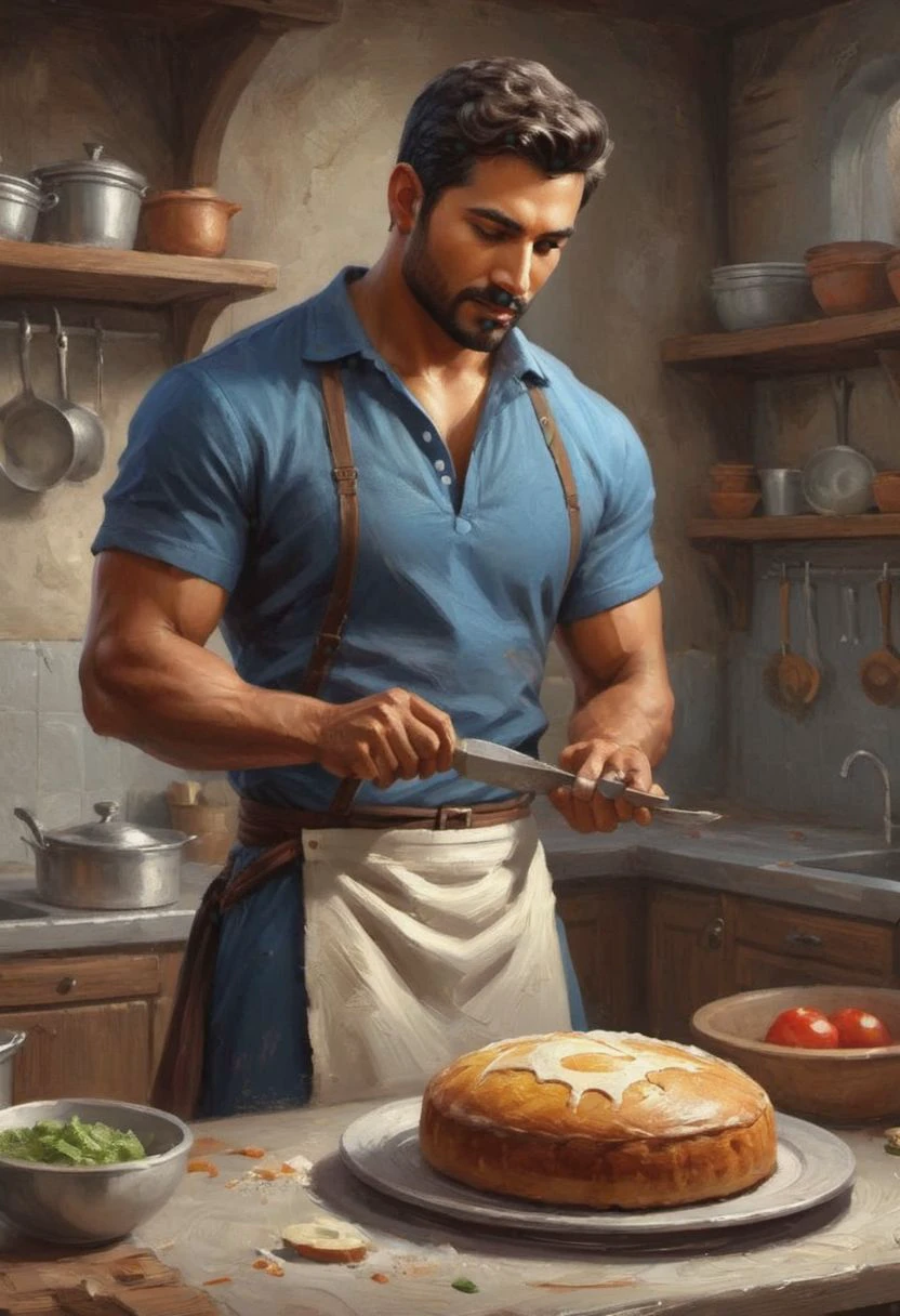 digital painting. action shot. epic fantasy, medieval. a handsome muscular compassionate (medium-dark-tan-skinned:1.3) 35-year-old mexican (baker:1.6) in the kitchen. short hair. (short beard:1.5). blue tunic. jewelry. smooth lines, perfect composition