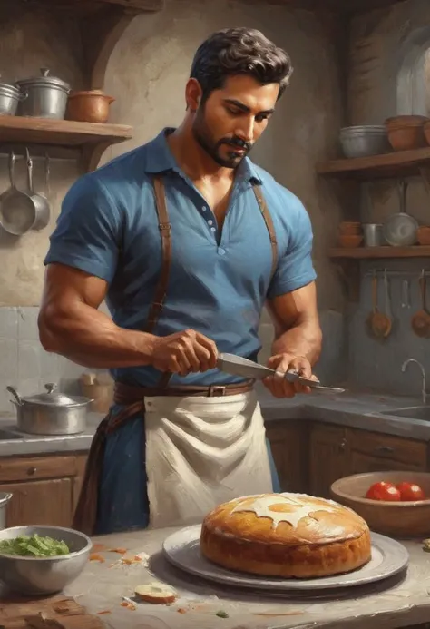 digital painting. action shot. epic fantasy, medieval. a handsome muscular compassionate (medium-dark-tan-skinned:1.3) 35-year-old mexican (baker:1.6) in the kitchen. short hair. (short beard:1.5). blue tunic. jewelry. smooth lines, perfect composition