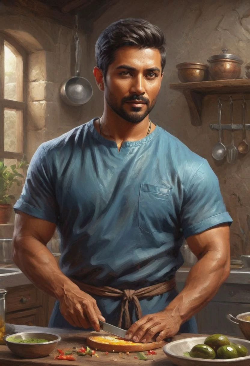digital painting. action shot. epic fantasy, medieval. a handsome muscular compassionate (medium-dark-tan-skinned:1.3) 35-year-old mexican (healer:1.6) cooking in a kitchen. short hair. (short beard:1.5). (olive-eyes:1.4). blue tunic. jewelry. smooth lines, perfect composition