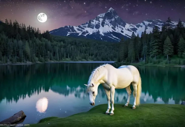 A stunning, ethereal landscape bathed in the soft, cool glow of a full moon. The sky is adorned with a myriad of twinkling stars, their light reflecting off of a serene lake that seems to stretch on forever. The shoreline is lined with towering trees, their branches reaching towards the heavens, their leaves rustling softly in the gentle night breeze. In the distance, jagged mountains rise majestically, their peaks capped with snow, and valleys carpeted in emerald greenery. A lone path winds its way through the forest, inviting the viewer to explore this mythical nightscape. As if drawn from the pages of a fairytale, a luminous unicorn grazes peacefully near the lakeshore, its horn catching the moonlight as it tosses its head contentedly. The air is thick with an otherworldly sense of magic and mystery, as if anything is possible in this enchanting realm.