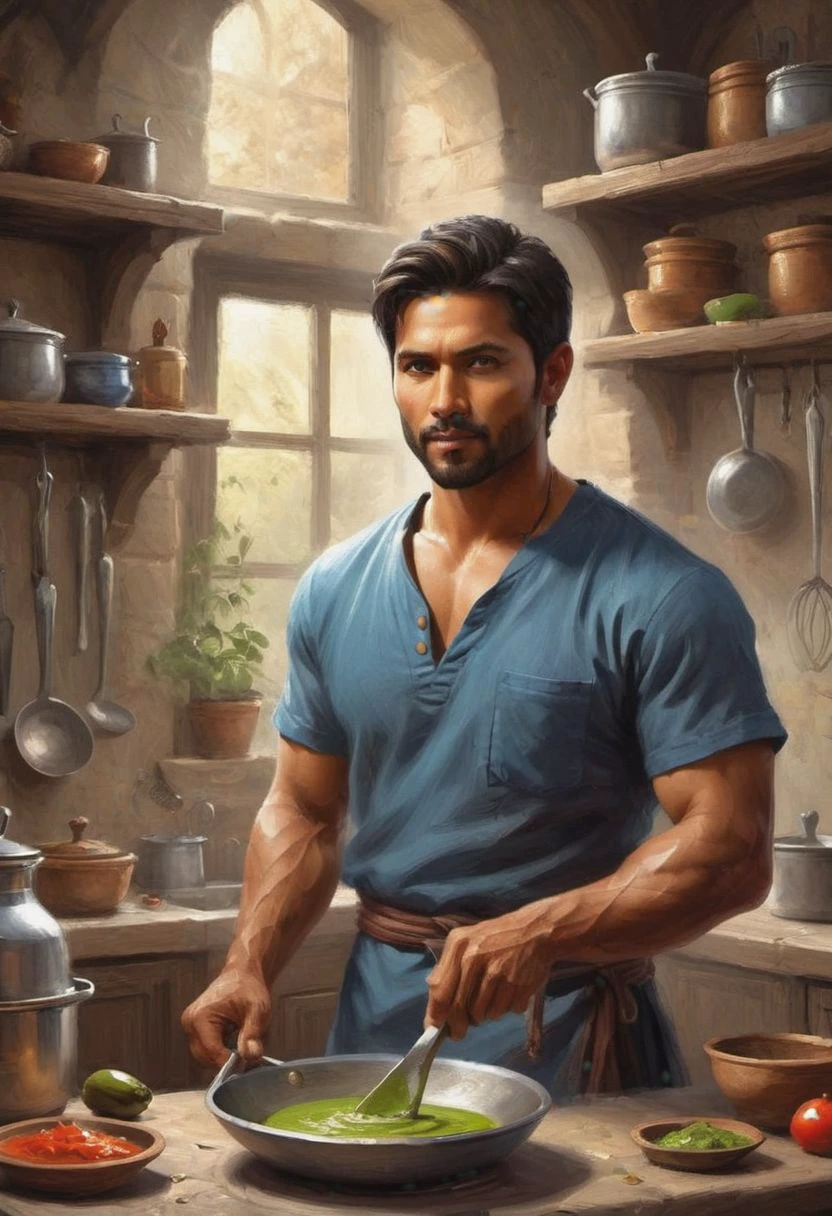 digital painting. action shot. epic fantasy, medieval. a handsome muscular compassionate (medium-dark-tan-skinned:1.3) 35-year-old mexican (healer:1.6) cooking in a kitchen. short hair. (short beard:1.5). (olive-eyes:1.4). blue tunic. jewelry. smooth lines, perfect composition