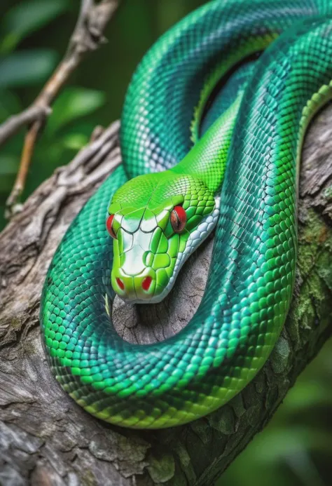 A mesmerizing and captivating portrait of a majestic green snake, coiled around a tree branch with its piercing red eye fixed on the viewer. The image captures the snake's sinuous and powerful form, with intricate green scales and a mesmerizing pattern that shimmers in the light. The vibrant color contrast between the serpent's emerald green body and ruby-red eye creates a striking and beautiful composition, while the snake's intelligent and enigmatic gaze adds a sense of mystery and intrigue. This detailed and intricate image celebrates the beauty and majesty of one of nature's most fascinating creatures, the serpent.