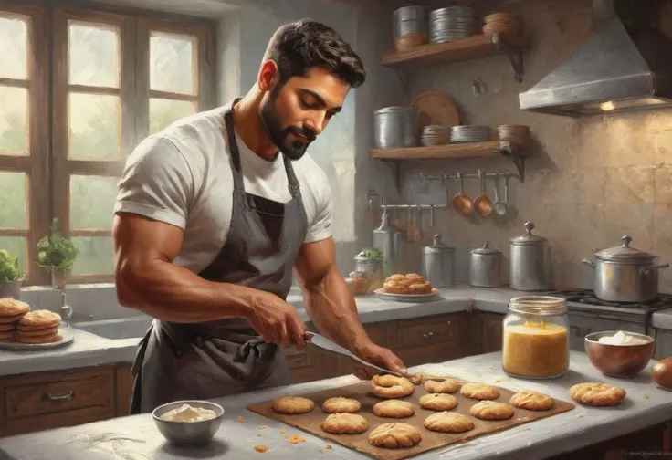 digital painting. action shot. epic fantasy, medieval. a handsome muscular compassionate (medium-dark-tan-skinned:1.3) 35-year-old mexican (baker:1.6) baking cookies in the kitchen. short hair. (short beard:1.5). tunic. jewelry. smooth lines, perfect composition