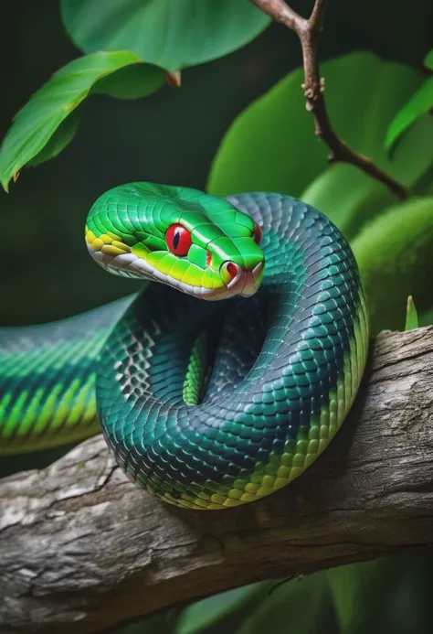 A mesmerizing and captivating portrait of a majestic green snake, coiled around a tree branch with its piercing red eye fixed on the viewer. The image captures the snake's sinuous and powerful form, with intricate green scales and a mesmerizing pattern that shimmers in the light. The vibrant color contrast between the serpent's emerald green body and ruby-red eye creates a striking and beautiful composition, while the snake's intelligent and enigmatic gaze adds a sense of mystery and intrigue. This detailed and intricate image celebrates the beauty and majesty of one of nature's most fascinating creatures, the serpent.