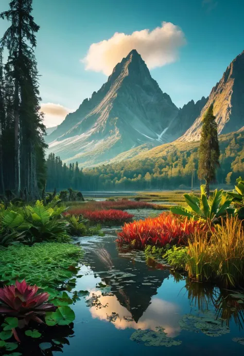 (majestic mountain and swamp landscape), cinematic lighting, (multicolor atmosphere), otherworldly, (intricate details), exotic plants, (analog photography, highest quality, RAW, hyperrealism, trending on ArtStation, trending on CGSociety), vibrant, saturated colors:1.0