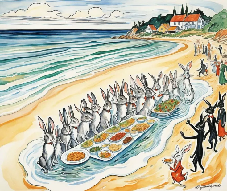 Thanksgiving dinner, in a village of anthropomorphic rabbits,walking out of clear Caribbean water onto a beach,fleeing for their lives, <lora:FF-Style-Edvard-Munch-32:0.5> style of Edvard Munch, Edvard Munch style, Edvard Munch art, Edvard Munch ,<lora:JSC_Style:0.5> J Scott Campbell style