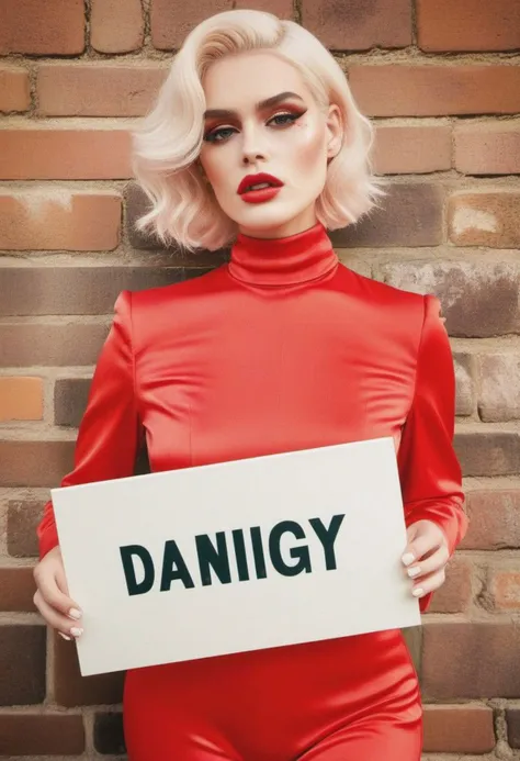 fashion photoshoot, shot by Ellen Von Unwerth, (holding a sign with, text as "DANIGY ART", style_bebas:1.2) . statuesque Maiense woman with a tired expression with fabulous makeup, detailed face, stunning beauty, detailed skin, skin texture, skin pores, (freckles:0.4), <lora:textxl:1>, high quality, 4k, 8k, masterpiece, two tone cinematic lighting