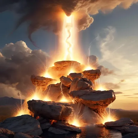 a huge fountain of rock, emitting flame bolts, spitting water domes, (tornadoes are sending objects flying:1.2), on the stone plateau, navy to golden gradient sky, semi-realistic aquarelle, bright lighting, close-up view, best quality, masterpiece, extremely detailed, 8K <lora:add-detail-xl:2>