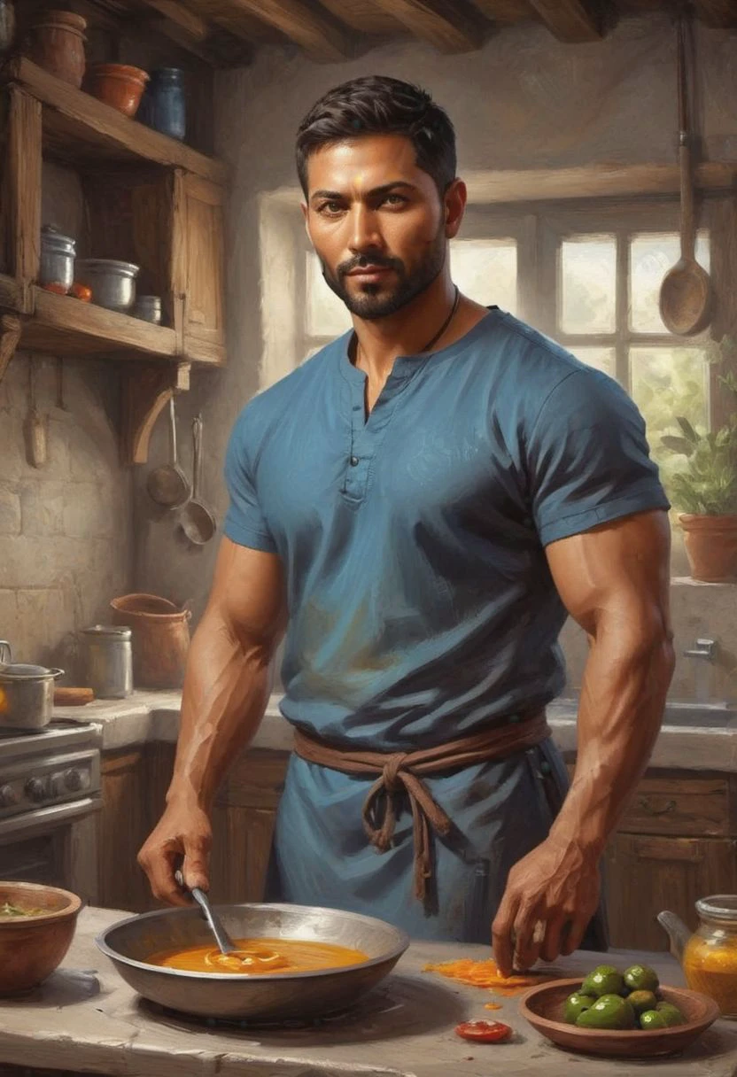 digital painting. action shot. epic fantasy, medieval. a handsome muscular compassionate (medium-dark-tan-skinned:1.3) 35-year-old mexican (healer:1.6) cooking in a kitchen. short hair. (short beard:1.5). (olive-eyes:1.4). blue tunic. jewelry. smooth lines, perfect composition