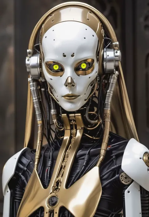 (girl), (skinny), (slender), (alien), (thin), (robot), (android), (cybernetic), (dune), (smooth), (cyborg), (mechanical), (tubes), (gears), (claws), (tentacles), (giger), (nun), (cross), (devine), (veil), (gold teeth), (rings), (golden teeth), (white eyes), <golden teeth:lora:1.6>