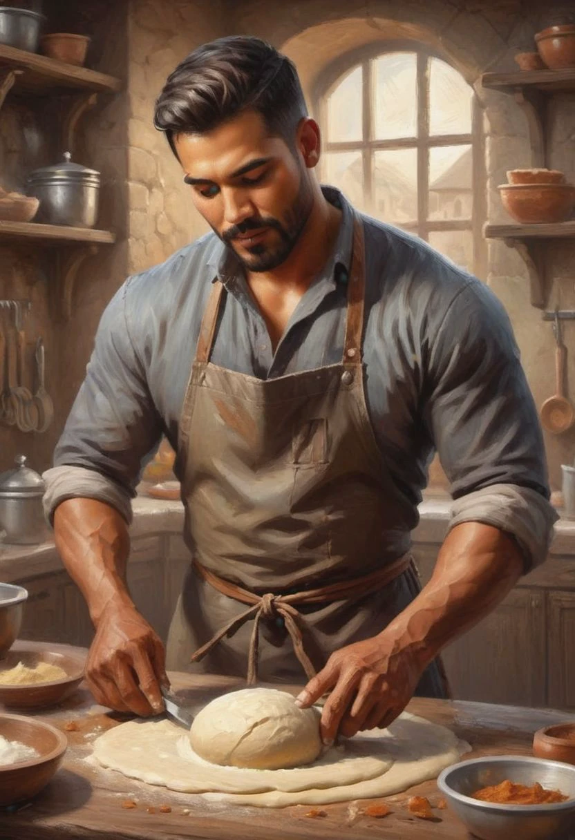 digital painting. action shot. epic fantasy, medieval. a handsome muscular compassionate (medium-dark-tan-skinned:1.3) 35-year-old mexican (baker:1.6) kneading dough in the kitchen. short hair. (short beard:1.5). tunic. jewelry. smooth lines, perfect composition