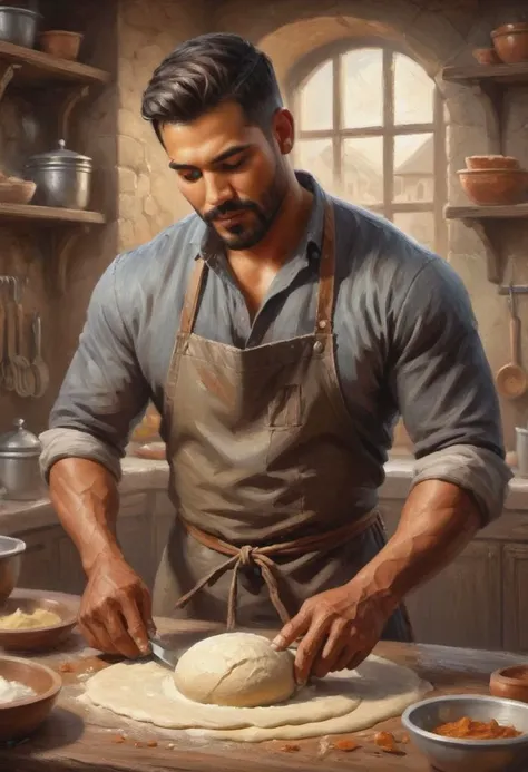 digital painting. action shot. epic fantasy, medieval. a handsome muscular compassionate (medium-dark-tan-skinned:1.3) 35-year-old mexican (baker:1.6) kneading dough in the kitchen. short hair. (short beard:1.5). tunic. jewelry. smooth lines, perfect composition