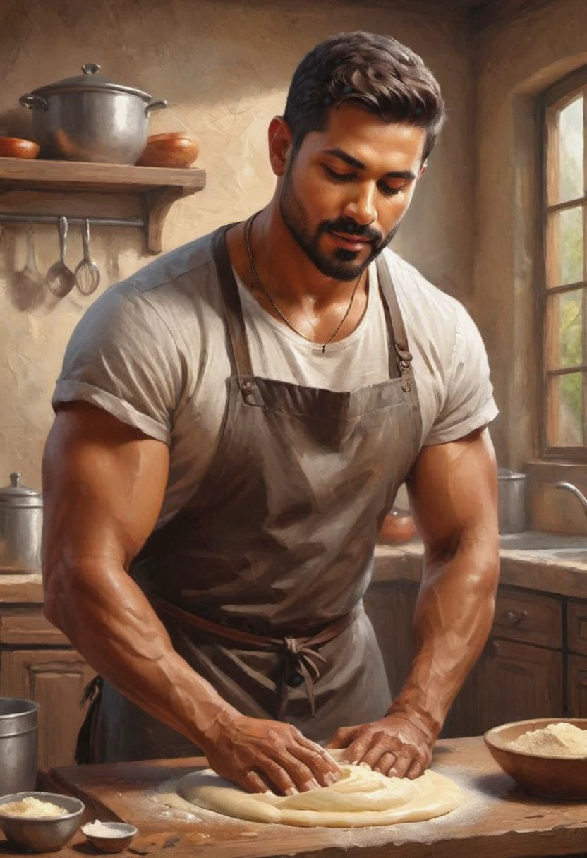 digital painting. action shot. epic fantasy, medieval. a handsome muscular compassionate (medium-dark-tan-skinned:1.3) 35-year-old mexican (baker:1.6) kneading dough in the kitchen. short hair. (short beard:1.5). tunic. jewelry. smooth lines, perfect composition