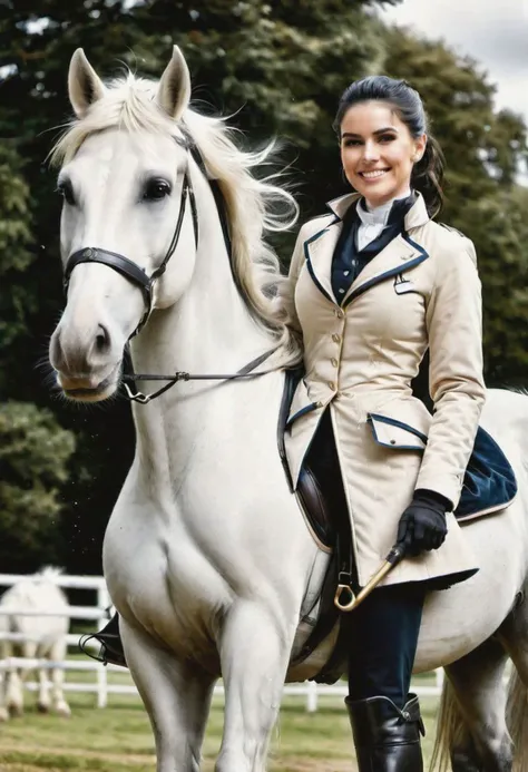 A photo of a smiling, beautiful woman,black hair in a ponytail and face framing tresses, standing next to a white horse, dressed in a riding coat and Jodhpurs, riding boots, smiling at the viewer, holding a riding crop, photo realistic, outside, atmospheric