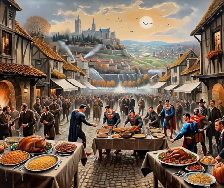 Thanksgiving dinner, battling against superman in metropolis,Background is stunning 17th century european village scenery, detailed and intricate environment, oil painting, palette knife soft brushstrokes, heavy strokes, dripping paint, art station on trend, sharp focus, intricate details, highly detailed, <lora:mkdrgs:0.5> hyperreal, hyperrealistic, hyperrealism, hyperrealistic painting, mkdrgs style ,<lora:Livia_Prima_Style:0.5> Livia Prima Style